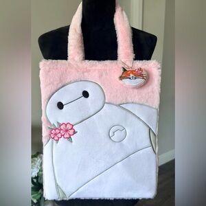 Disney Parks Pink Baymax Furry Plush Tote Bag Bay Max Tokyo Style Fuzzy White